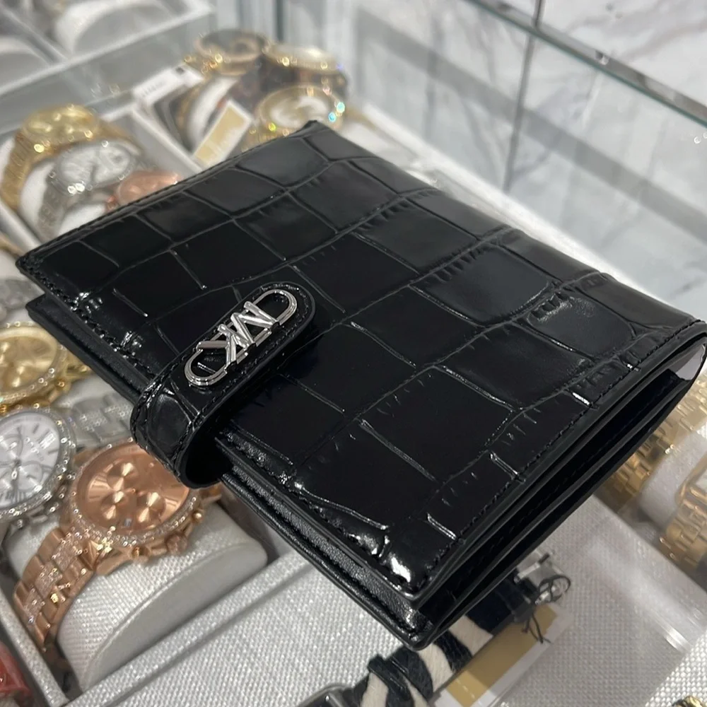 Michael Kors Empire Metallic Crocodile Embossed Leather Passport Wallet Black